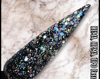 Star Dust Holographic Glitter Overlay Gel | Shown Over Vixen Solid Color Gel | Holographic Glitter | Clear Base Gel | HEMA, HPMA, TPO Free |