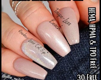 Ultra Taupe-Less Beach Rubber Base Gel With Ultra Rainbow Silver Cat Eye Overlay Gel Polish Mani - Hema, Hpma, Tpo Free