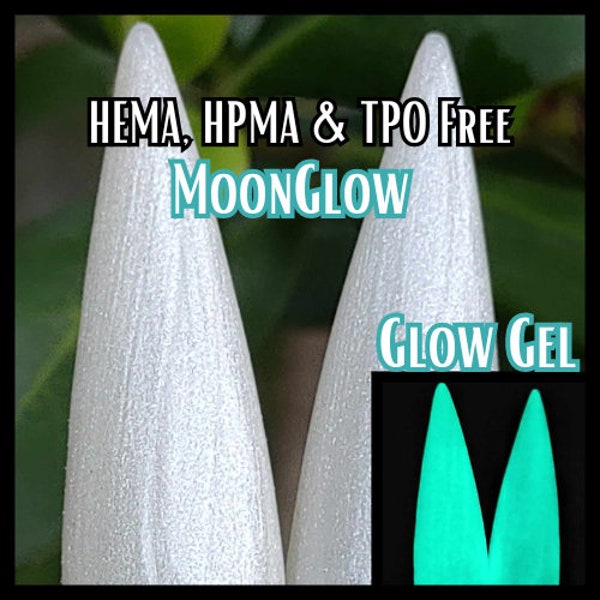 Moonglow Glow Gel Polish | Shimmery White | Glow Bright Aqua | HEMA, HPMA, TPO, 30 Free uv/led | 15ml | Soak Off | Gel Nails