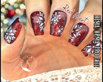 Manicura de copos de nieve Red Alert / Geles con purpurina roja oscura / Sin HEMA, HPMA y TPO