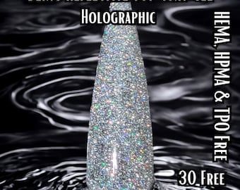 Reflective Halo Gel Top Coat Gel | Silver Holographic Fine Glitter in a Clear Gel Base | HEMA, HPMA, TPO Free  | Soak Off
