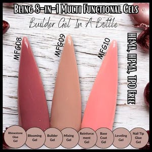May include: Image of three nail swatches in shades of mauve, nude, and coral. The image includes text that reads "BLING 8-IN-1 MULTI FUNCTIONAL GELS" and "Builder Gel In A Bottle". Additional text labels the gel types: Rhinestone Glue, Blooming, Builder, Mixing, Reinforcement, Base Coat, Leveling, and Nail Tip Glue.
