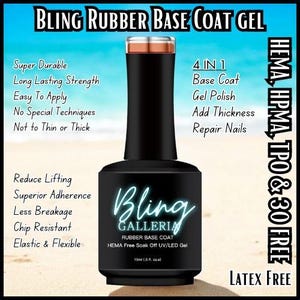 May include: A black bottle of Bling Galleria Rubber Base Coat Gel, a 4-in-1 nail product that is HEMA, HPMA, TPO & 30 free and latex free. The bottle is 15 ml (0.5 fl. oz).