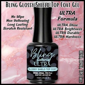 May include: A black nail polish bottle labeled "Bling Galleria Ultra Glossy Shield Top Coat Gel." The bottle features text indicating it is a no-wipe, non-yellowing, long-lasting, and scratch-resistant formula. It contains 15ml (.5 fl. oz. e).