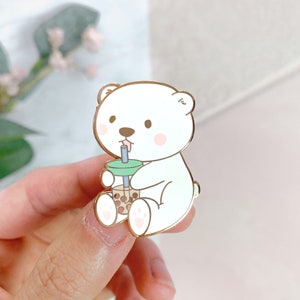 Bubble Tea Enamel Pin, Polar Bear Pin, Boba Milk Tea, Kawaii Enamel Pin, Valentine&#39;s Day Gift for Her, Boba Tea Lover