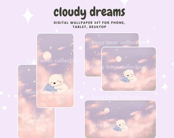 Cute Polar Bear Cloudy Dreams Digital Wallpaper Set, Phone, iPad, Tablet, Desktop, Android, Wallpaper, Cute Bear Sleeping in Clouds