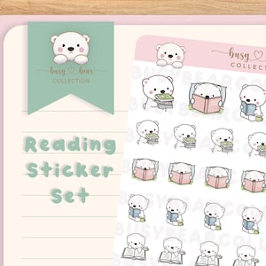 Cute Polar Bear Reading Planner Stickers, Cozy Reading, Bookworm, Hand Drawn, Bullet Journal, Hobonichi, Travel Journaling