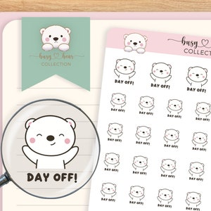 Adesivos fofos de planejador de "dia de folga" de urso polar, férias, trabalho em casa, carreira, desenhado à mão, diário de marcadores, hobonichi, diário de viagem