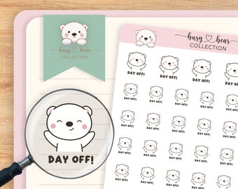 Cute Polar Bear &quot;Day Off&quot; Planner Stickers, Vacation, Work From Home, Career, Hand Drawn, Bullet Journal, Hobonichi, Travel Journaling