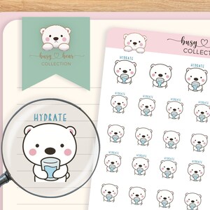 Cute Polar Bear &quot;Hydrate&quot; Water Planner Stickers, Bear Drinking Water, Gift for Planner Lover, Hand Drawn, Bullet Journal, Hobonichi Techno