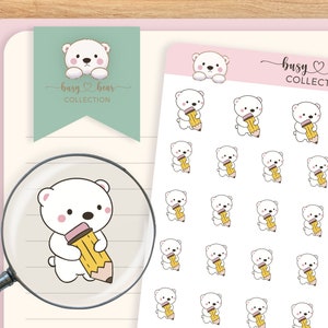 Cute Polar Bear Pencil Drawing Planner Stickers, Back To School, Gift for Planner Lover, Hand Drawn, Bullet Journal, Hobonichi Techo