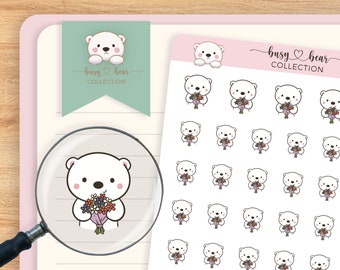 Cute Polar Bear Flower Bouquet Planner Stickers, Romantic Celebration, Date Night, Hand Drawn, Bullet Journal, Hobonichi, Travel Journaling