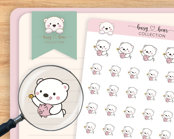 Cute Polar Bear Piggybank Planner Stickers, Financial Budgeting, Saving Money, Hand Drawn, Bullet Journal, Hobonichi, Travel Journaling