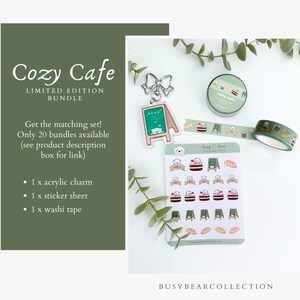 May include: A Cozy Cafe limited edition bundle with an acrylic charm, sticker sheet, and washi tape. The set includes a sticker sheet with bear and cake illustrations, a washi tape roll, and a charm with a menu design.