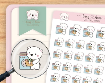 Cute Laundry Day Bear Planner Stickers, Polar Bear Washing Clothes, Gift for Planner Lover, Hand Drawn, Bullet Journal, Hobonichi Techo