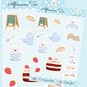 Afternoon Tea Cafe glanzend planner stickervel, baby ijsbeer, dessertwinkel, kawaii kunst