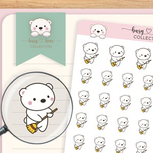 May include: A sheet of stickers featuring a white polar bear holding a yellow broom. The stickers are part of a collection called "busy bear collection".