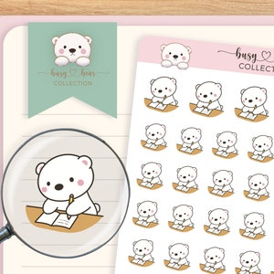 May include: A sheet of stickers featuring a cute white bear writing on a desk with a pencil. The stickers are part of the "busy bear COLLECTION". The image also includes a magnifying glass showing a close-up of the bear.