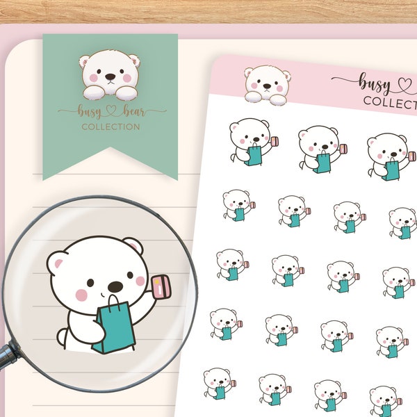 Cute Polar Bear Shopping Planner Stickers, Credit Card, Budgeting, Spending Habit, Hand Drawn, Bullet Journal, Hobonichi, Traveller Notebook