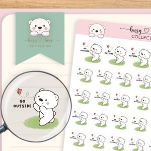 May include: A sheet of stickers featuring a cute polar bear with a butterfly. The stickers say "Go Outside" and are part of the "Busy Bear Collection".