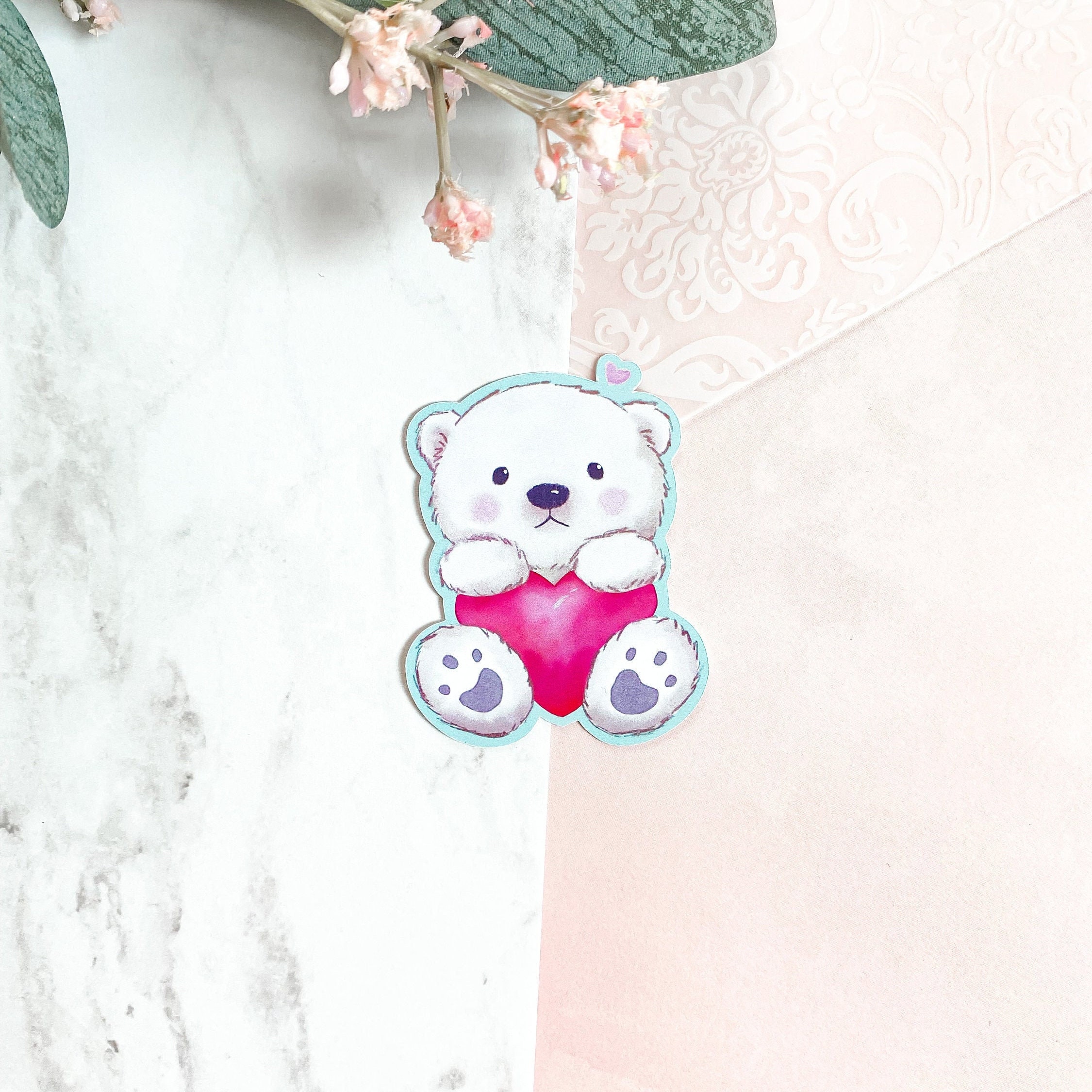 Valentine’s Day Polar Bear Heart Sticker, Valentine's Day Gift, Glossy Planner Sticker, Laptop Decal, Kawaii Art