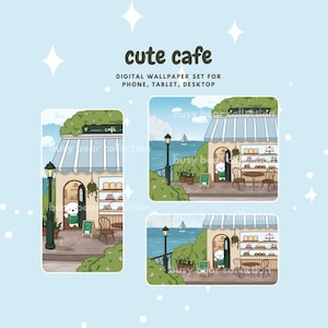 Pode incluir: Três ilustrações digitais de um café charmoso com um barista urso polar. O café está localizado em um penhasco com vista para o oceano. O texto "cute cafe" e "DIGITAL WALLPAPER SET FOR PHONE, TABLET, DESKTOP" está no topo da imagem.