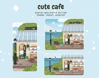 Cute Polar Bear Cafe Digital Wallpaper Set, Phone, iPad, Tablet, Desktop, Android, Wallpaper, Cute Parisian Cafe Wallpaper