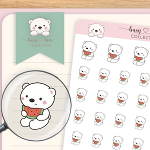 Cute Polar Bear Eating Watermelon Planner Stickers, Fruit Sticker, Gift for Planner Lover, Hand Drawn, Bullet Journal, Hobonichi Techo