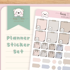 May include: A set of planner stickers featuring a cute polar bear design. The stickers include to-do lists, notes, arrows, and circles in various colors. The stickers are part of the "busy bear collection".