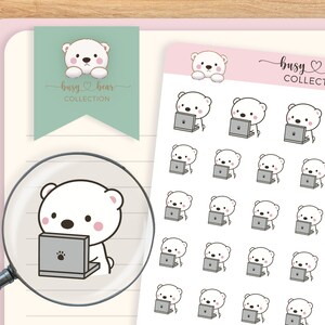 May include: A sheet of stickers featuring a white bear using a laptop computer. The stickers are part of a collection called "Busy Bear Collection".