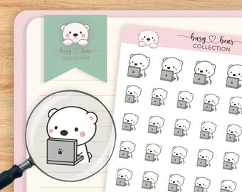 Cute Polar Bear Work From Home Planner Stickers, Bear Typing on Laptop, Gift for Planner Lover, Hand Drawn, Bullet Journal, Hobonichi Techo