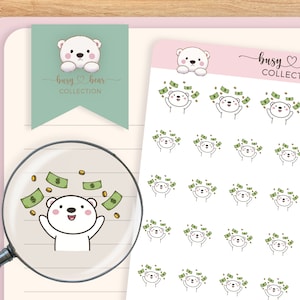 Pegatinas lindas de oso polar para planificador de día de pago, presupuesto financiero, pegatina de cheque de pago, dibujadas a mano, Bullet Journal, Hobonichi, diario de viaje