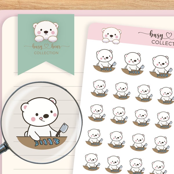 Cute Polar Bear Cooking Planner Stickers, Mealtime/Meal Prep Sticker, Planner Lover Gift, Bullet Journal, Hobonichi Techno