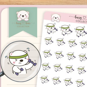 Pegatinas bonitas para el planificador de ejercicios de gimnasio con forma de oso polar, ejercicio, gimnasio, mancuernas, regalo para los amantes de los planificadores, dibujadas a mano, Bullet Journal, Hobonichi Techo