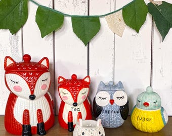 Woodland Animal Canister Set, Fox, Owl, Bird, Rabbit, Egg Cups