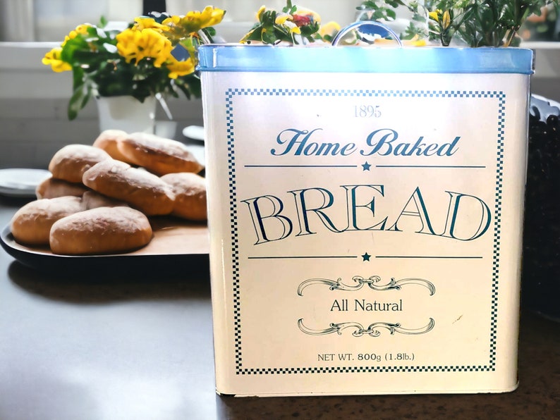 Kitchen Storage, Vintage Cannisters, Shabby Chic, Blue and White, Bread Bin, Biscuit Tin, Metal
