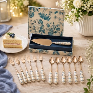 Portmeirion Botanic Blue Cake Forks | Teaspoons, Dessert Forks & Cake Slice | Afternoon Tea | Floral Vintage Style Tableware