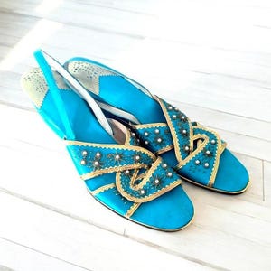 Vintage 1960s Ferragamo Slides: Blue Metallic Boudoir Slippers, Size 7