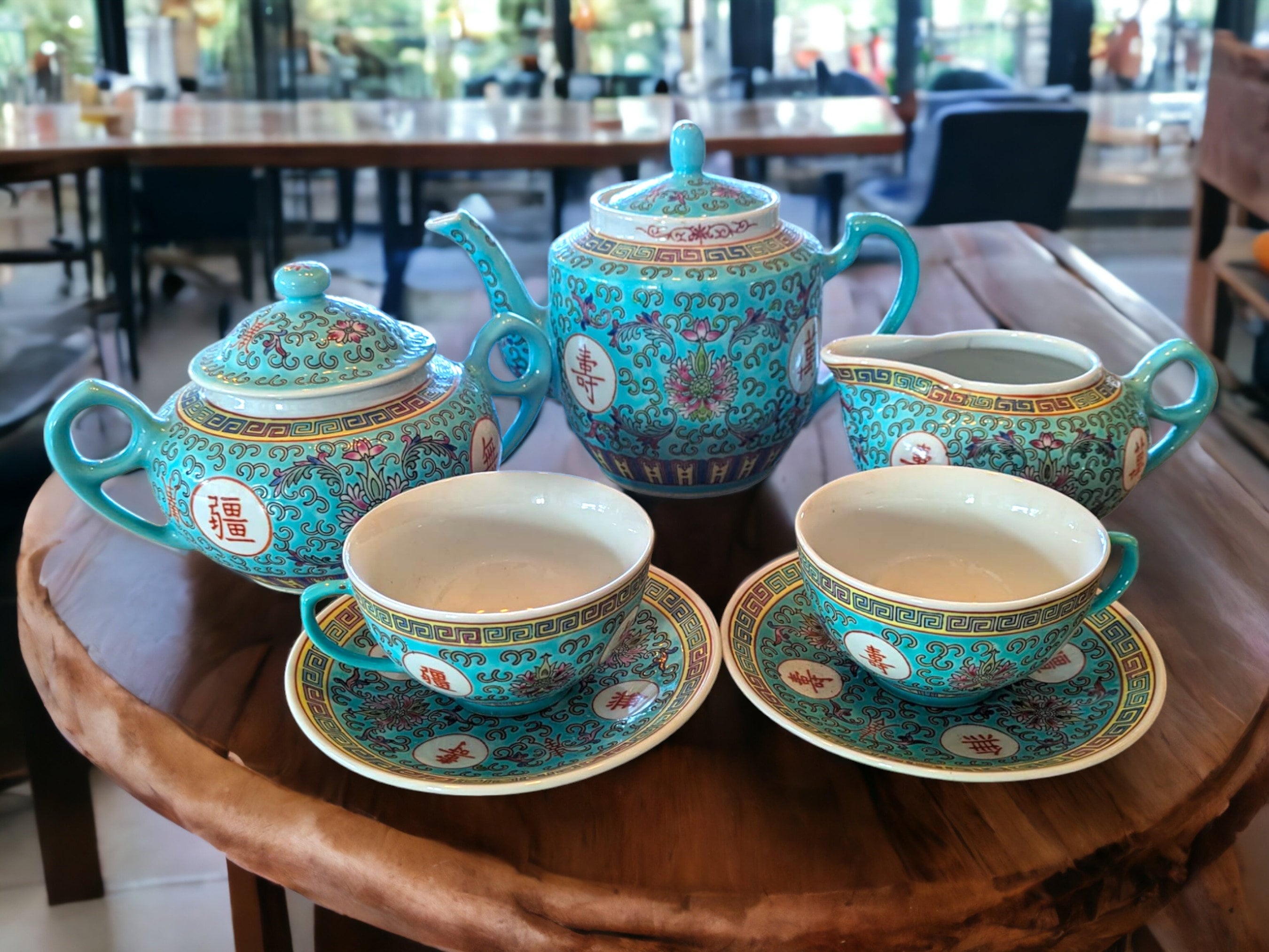 Jingdezhen Mun Shou Turquoise Chinese Tea Set: Famille Rose