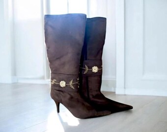 Vintage Brown Suede Knee High Boots, Floral Detail, Size 7
