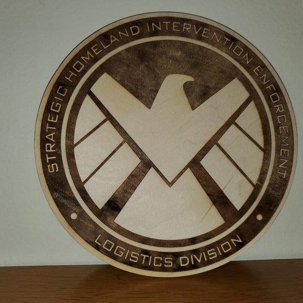 Large 10" x 1/2" wood Marvels Agents of SHIELD plaque Strategic Homeland Intervention Enforcement Logistics Division laser burnt