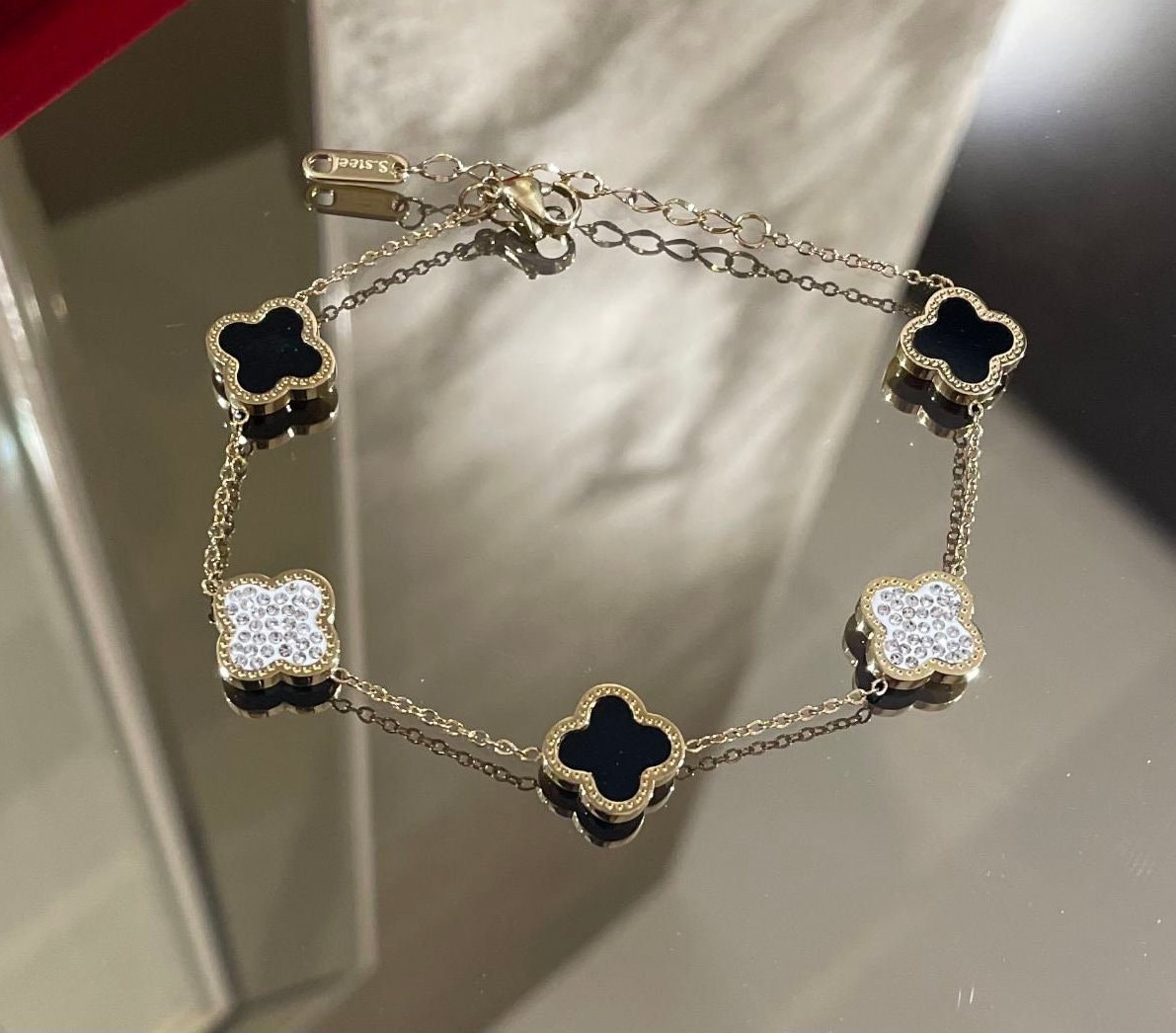 Gold Plated Black Crystal Five Clover Bracelet Four Leaf 