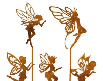 Rusty Fairy Set Of 5 Pieces, Décorations ornementales de bijoux de jardin XXL (16.4x100.2 cm), Accessoires de jardin en acier Corten, Art de jardin en métal