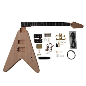 May include: Unfinished wooden V-shaped electric guitar body and neck with various hardware components. Includes pickups, bridge, tuning pegs, and wiring. The guitar body has two cutouts for pickups.