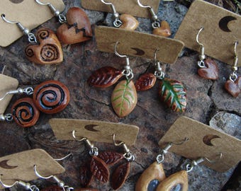 Earrings made from Avocado Pits [Carving, Ear Rings, Jewelry, Pagan, Witch, Boho, Upcycling, Handmade, DIY, Natural, Floral, Leaves, Leaf]
