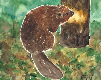 オリジナル水彩ビーバー画：カナダの野生動物アート - Etsy 日本