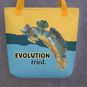 BAG Mudskipper ‘EVOLUTION tried.’ Hand-painted watercolour [shopping bag, pouch, tote bag, funny, amphibian, art print]
