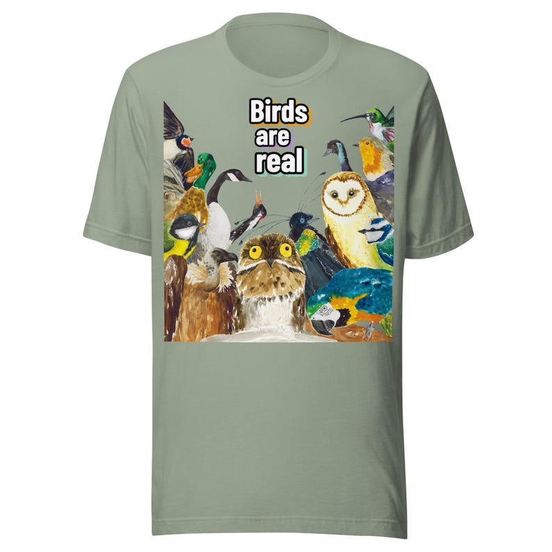 May include: Sage green t-shirt featuring a colorful watercolor illustration of various birds. The image includes a diverse array of avian species, with the text "Birds are real" in a playful font. The shirt is made of a soft material.