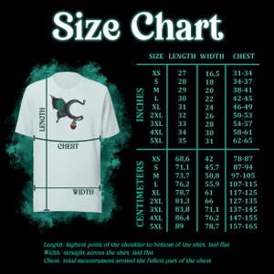 May include: White t-shirt with a teal and red graphic design. The image includes a size chart with measurements in inches and centimeters for length, width, and chest sizes, ranging from XS to 5XL.