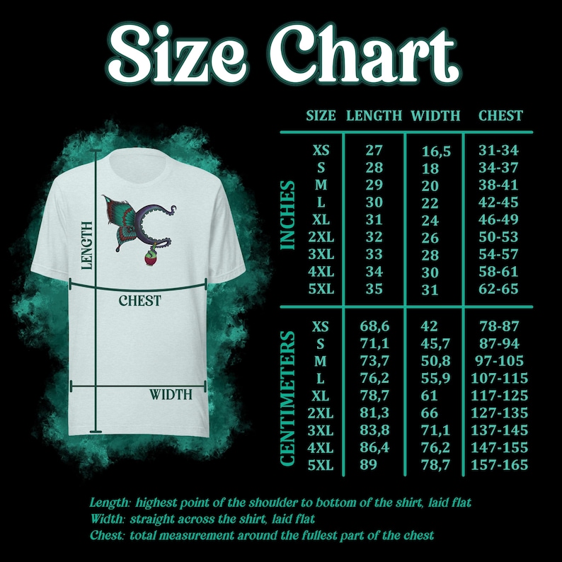 May include: White t-shirt with a teal and red graphic design. The image includes a size chart with measurements in inches and centimeters for length, width, and chest sizes, ranging from XS to 5XL.